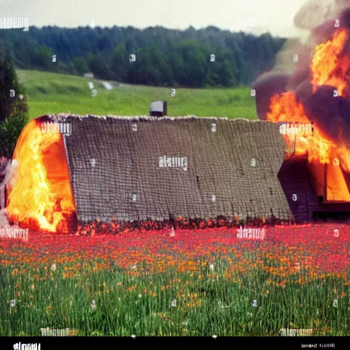 Image similar to vhs 1 9 8 0 s footage of a scene from the movie midsommar a - line shaped wooden building on fire, field of flowers