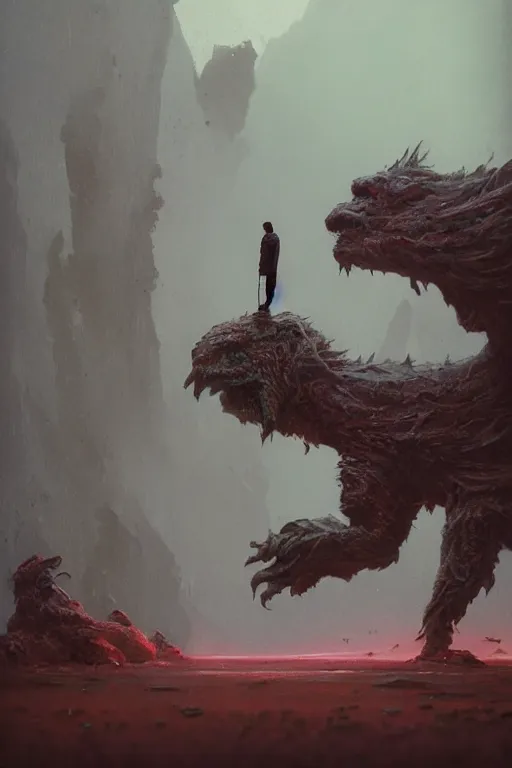 Prompt: A small person standing before a giant michanical beast by Greg Rutkowski, beeple, Sung Choi, Mitchell Mohrhauser, Maciej Kuciara, Johnson Ting, Maxim Verehin, Peter Konig, final fantasy, macro lens, 35mm, 8k photorealistic, cinematic lighting, HD, high details, dramatic, dark atmosphere, trending on artstation