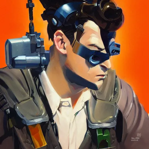 Prompt: greg manchess portrait painting of armored ghostbuster egon spengler as overwatch character, medium shot, asymmetrical, profile picture, organic painting, sunny day, matte painting, bold shapes, hard edges, street art, trending on artstation, by huang guangjian and gil elvgren and sachin teng