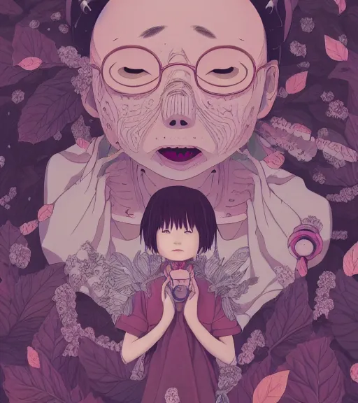 Image similar to portrait, nightmare anomalies, leaves with spirited away by miyazaki, violet and pink and white palette, illustration, kenneth blom, mental alchemy, james jean, pablo amaringo, naudline pierre, contemporary art, hyper detailed