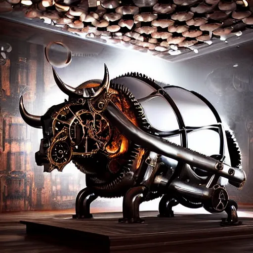 Prompt: a clockwork mechanical bull there are gears sticking out of the bull the room is filled with steam, ultra high detail, high particle effects, highly reflective surface, realistic reflections