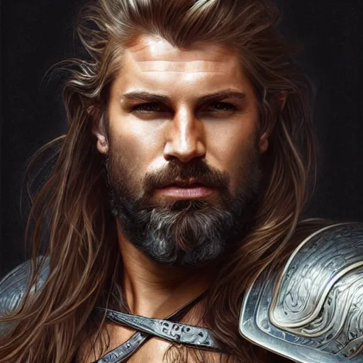 Prompt: portrait of a ruggedly handsome paladin, flowing hair, muscular, half body, leather, hairy, half bun, d & d, fantasy, intricate, elegant, highly detailed, digital painting, artstation, concept art, smooth, sharp focus, illustration, art by artgerm and greg rutkowski and alphonse mucha