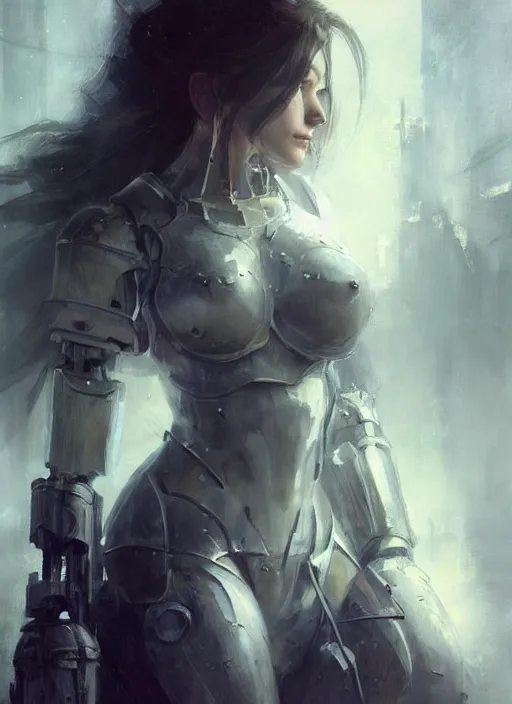 Prompt: beautiful painting by jeremy mann, a female paladin with mecha implants absurdly beautiful, elegant, ultrafine hyperrealistic detailed face illustration by wlop and artgerm and greg rutkowski, intricate linework, sharp focus, smooth, octopath traveler, final fantasy, unreal engine, dramatic lighting, ethereal, 8 k