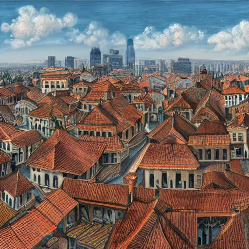 Image similar to very panoramic view of a traditional city with tiled roofs surrounded by a wooden wall, texture, intricate, details, highly detailed, masterpiece, architecture, building, trending on artstation, focus, sharp focus, concept art, digital painting, fantasy, sunny, day, midday, trending on artstation