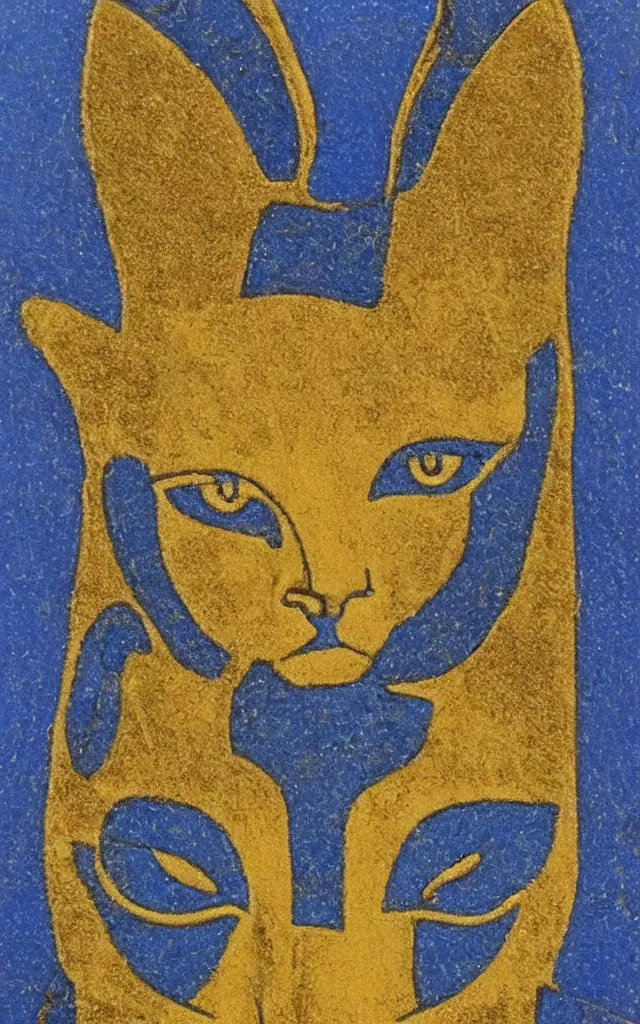 Prompt: Bastet sublime goddess Egyptian aesthetic yellow gold eyes blue fur, fine oil portrait of Bastet goddess, chromatic aberration