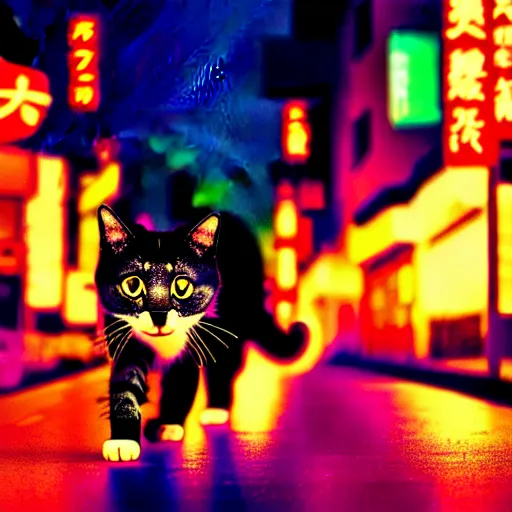 Prompt: a cat waking in a neon light street, in japan, 4 k, high definition wallpaper