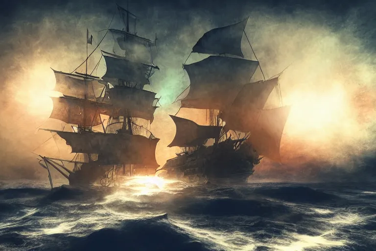 Image similar to an old pirate ship in space, digital painting, volumetric light, intricate