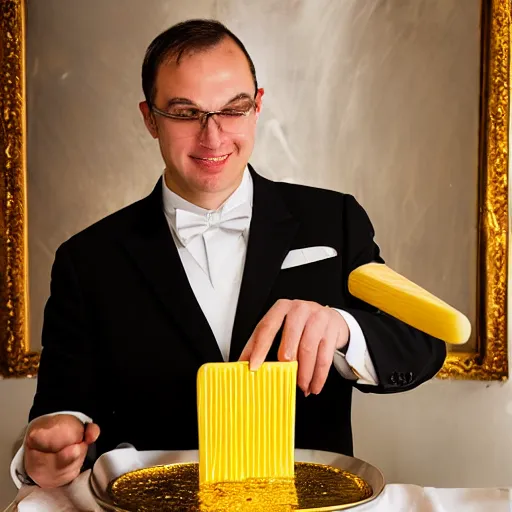 Prompt: a butler serving a golden popsicle on a silver plate, professional photograph, canon eos