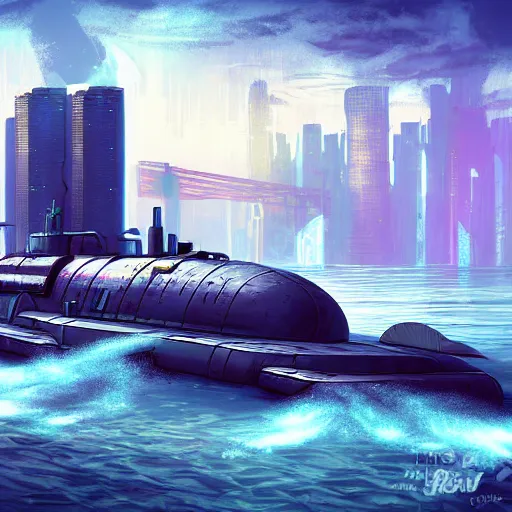 Image similar to cyberpunk submarine near a dock, digital art, painterly style, epic composition, hd, 4 k, professional, intricate detail