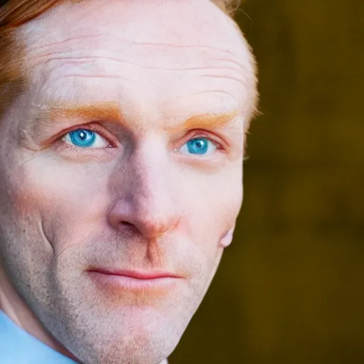 Image similar to photograph of a ginger man in his 40s, greenish blue eyes, small nose, clean shaven, no wrinkles, tall, wearing a white shirt and elegant gray dress jacket, looking into the distance