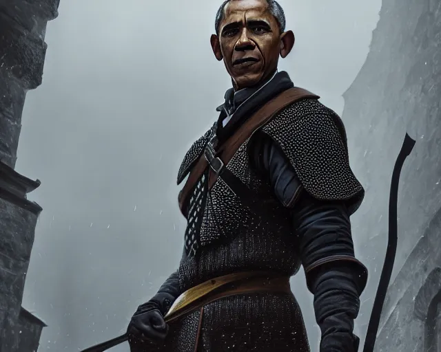 Image similar to 5 5 mm portrait photo of a real life barack obama as a witcher in kaer morhen. dark atmosphere. art by greg rutkowski. highly detailed 8 k. intricate. lifelike. soft light. nikon d 8 5 0.