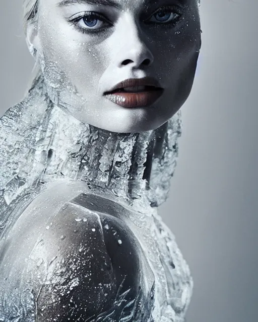 Prompt: margot robbie wearing a risque outfit made from ice, half body portrait, greg kutkowski, sharp details, soft lighting, subsurface scattering, pearls of sweat, glistening skin, warm lighting