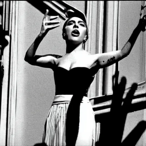 Prompt: lady gaga in Evita 1996, singing on the balcony