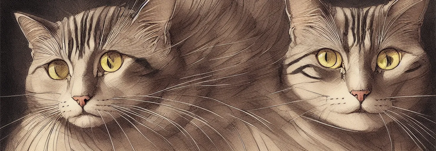 Image similar to beautiful cat with hundreds of spiral eyes, in acidic din, with soft light, symmetrical patterns, like leonardo da vinci sketches! in the style of studio ghibli, j. c. leyendecker, greg rutkowski, artgerm