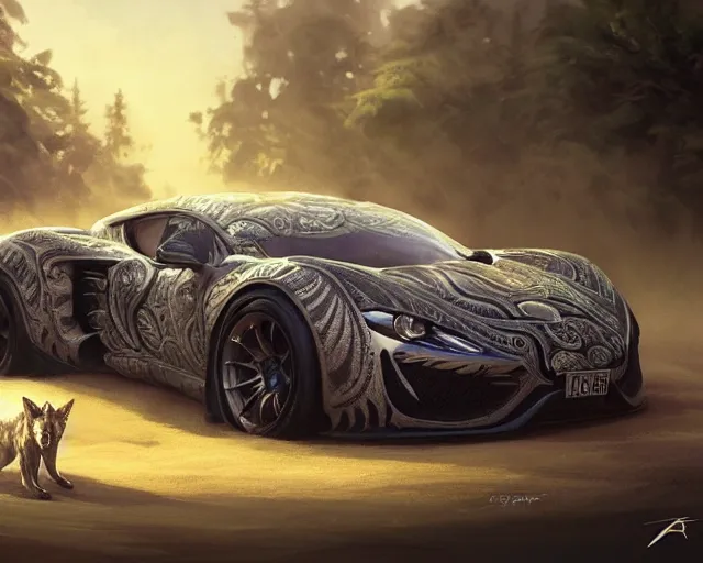 Image similar to sports car with tribal decal, tribal, wolf, nature, tyres, smoke, dust, soil, deep focus, d & d, fantasy, intricate, elegant, highly detailed, digital painting, artstation, concept art, matte, sharp focus, illustration, hearthstone, art by artgerm and greg rutkowski and alphonse mucha