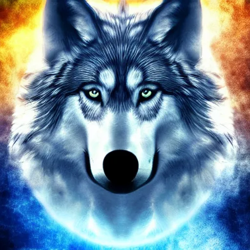 Prompt: of a fantasy sky and the gases and clouds shape into a wolf's head epic digital art