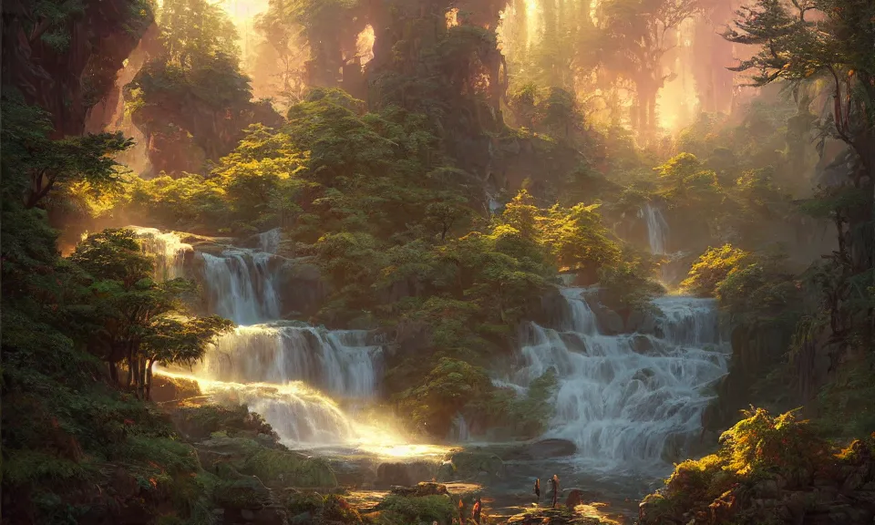 Prompt: forest valley landscape with river and waterfalls in the sunset, magic fantasy, digital art, highly detailed, trending on artstation, Greg Rutkowski, Andreas Rocha, Darek Zabrocki, Sylvain Sarrailh, Dan Mumford, Peter Mohrbacher, Thomas Kinkade