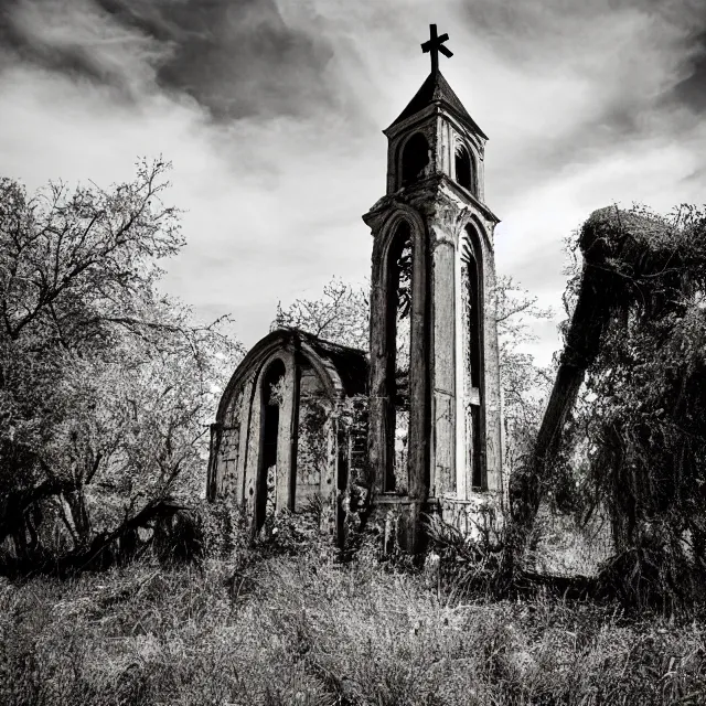 Image similar to abandoned church with overgrown vegetation, vintage infrared photograph