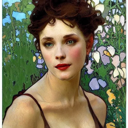 Prompt: photo portrait of a beautiful woman by gil elvgen, greg manchess, mucha