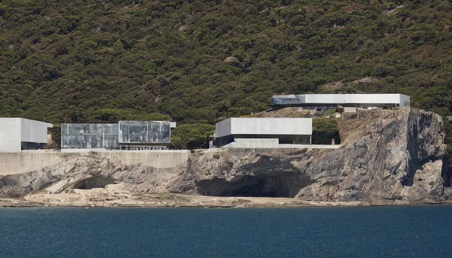 Prompt: big military base perched on a cliff overlooking a magnificient bay, laboratory, drawing architecture, pritzker architecture prize, greig fraser