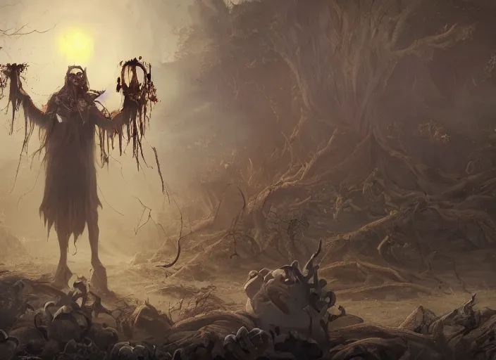 Image similar to cinematic still of a macabre necromancer casts a gruesome enchantment across a land of fertility and wealth, diminishing the land's value and robustness, trending on artstation, digital art, award winning