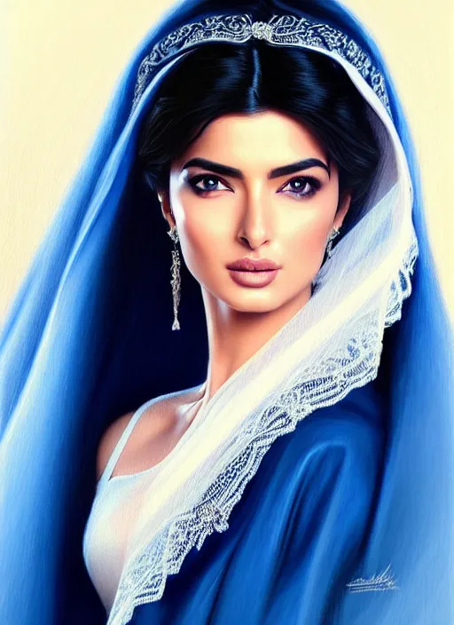 Image similar to beautiful ameera al taweel, bright blue eyes, long wavy black hair, white veil, in the style of stefan kostic, realistic, sharp focus, 8k high definition, insanely detailed, intricate, elegant, art by stanley lau and artgerm