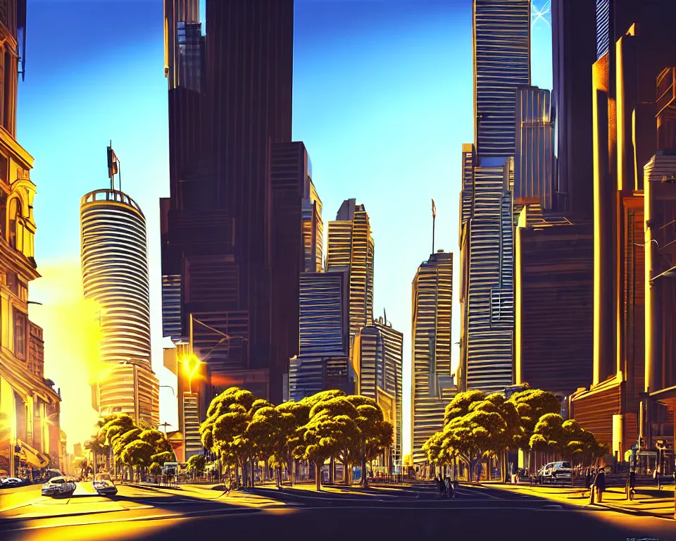 Image similar to sydney in the future, city streets, golden hour, perspective artwork, photorealism