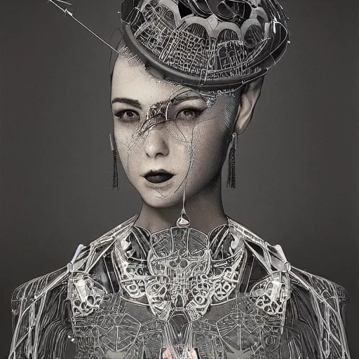 Image similar to the portrait of an absurdly graceful, sophisticated, fashionable ottomanpunk robotess idol, an ultrafine hyperdetailed illustration by kim jisu, intricate linework, neon wiring, porcelain skin, unreal engine 5 highly rendered, global illumination, radiant light, detailed and intricate environment