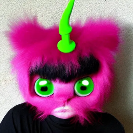 Prompt: cute fluffy demon from pixar, pink, huge green piercing eyes, electricity around,