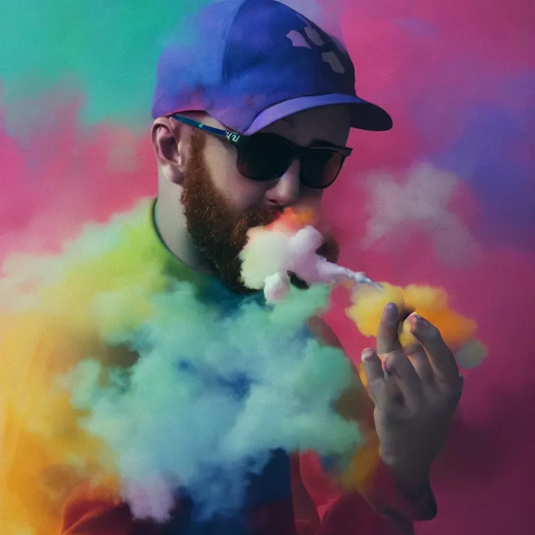 Prompt: mac miller blowing out a colorful cloud holding a joint, cinematic lighting, octane render, a wonderful painting by mateusz urbanowicz