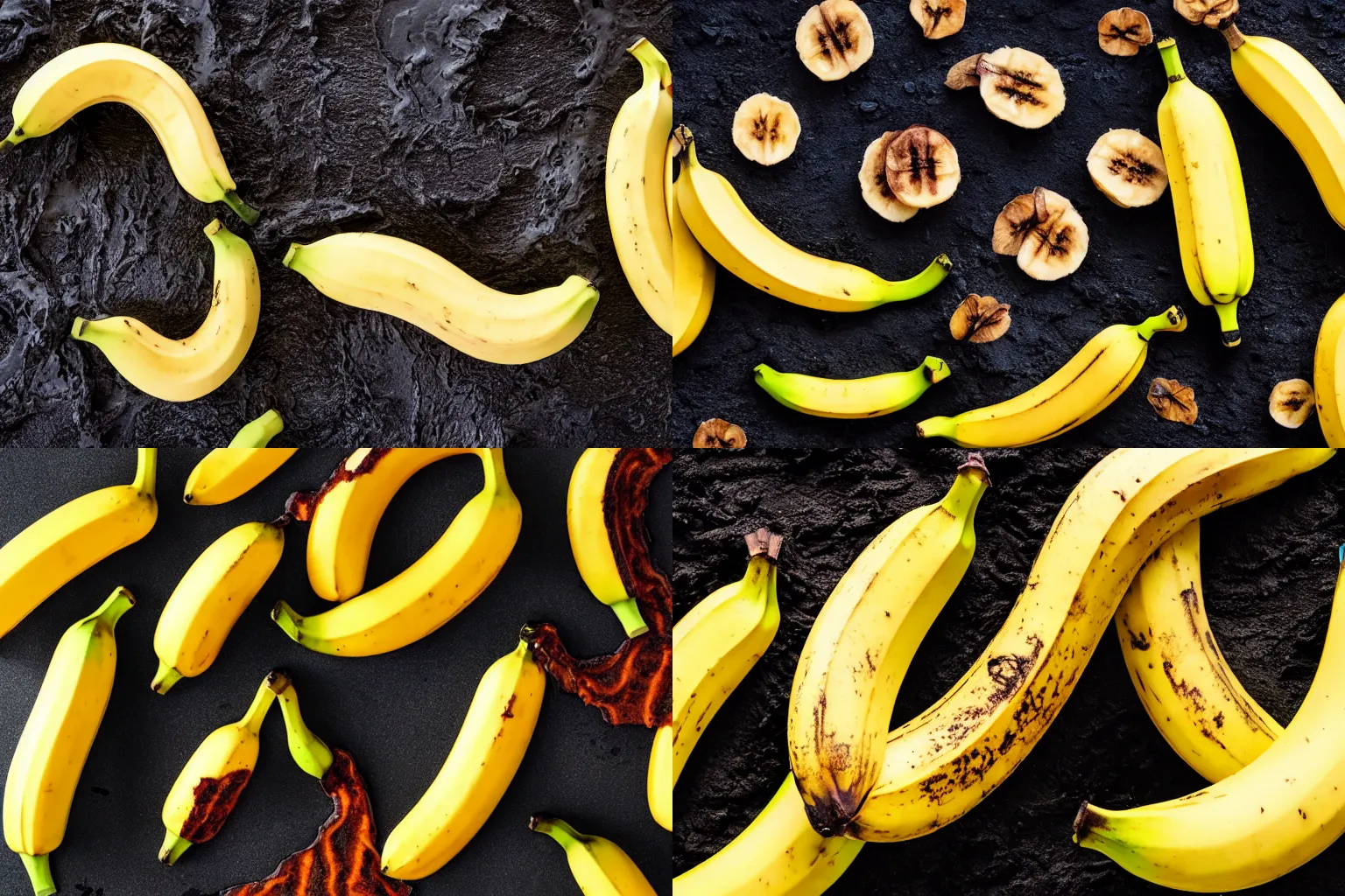 Prompt: bananas peeled juxtaposed with lava and tar