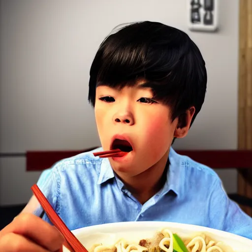 Image similar to a photorealistc digital art of a young asian boy eating noodles, award winning photography, trending on artstation