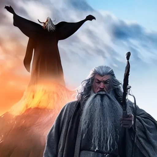 Image similar to Gandalf the Grey confidently taking a Selfie on the mountain, a balrog in the background looming,