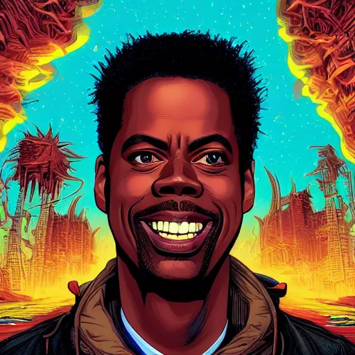 Image similar to the second coming of chris rock, by dan mumford and ross tran, cosmic, terrifying, demon rays, intricate detail, cinematic, 8 k, cel shaded, unreal engine, featured on artstation, pixiv