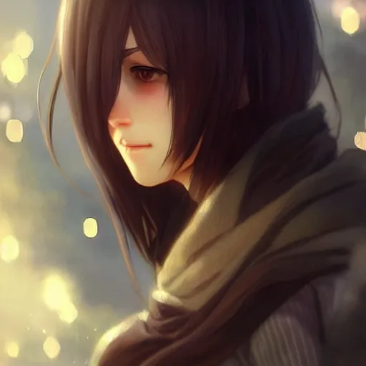 Image similar to mikasa ackerman, bokeh, beautiful face!!!!, 2 7 years old, cg animation, lifelike, animated, realistic, character select portrait, by artgerm, greg rutkowski, alphonse mucha, 3 d