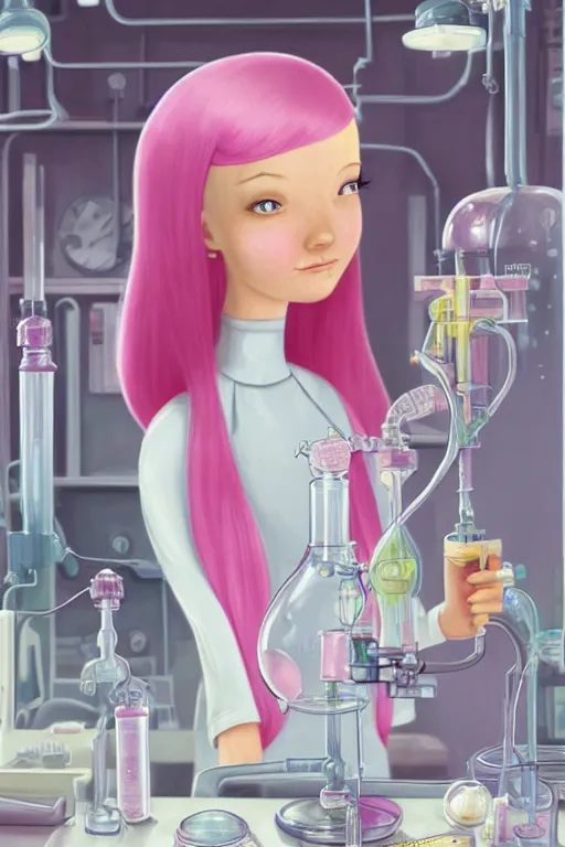 Image similar to highly detailed, industrial photography, profile photo of adult princess bubblegum from adventure time, working in her science lab, wearing lab coat, long bubblegum hair, long straight bangs, confident, beautiful, attractive, illustration concept art by nicoletta ceccoli, mark ryden, lostfish, detailed and intricate environment, 8 k resolution, hyperrealistic, octane render