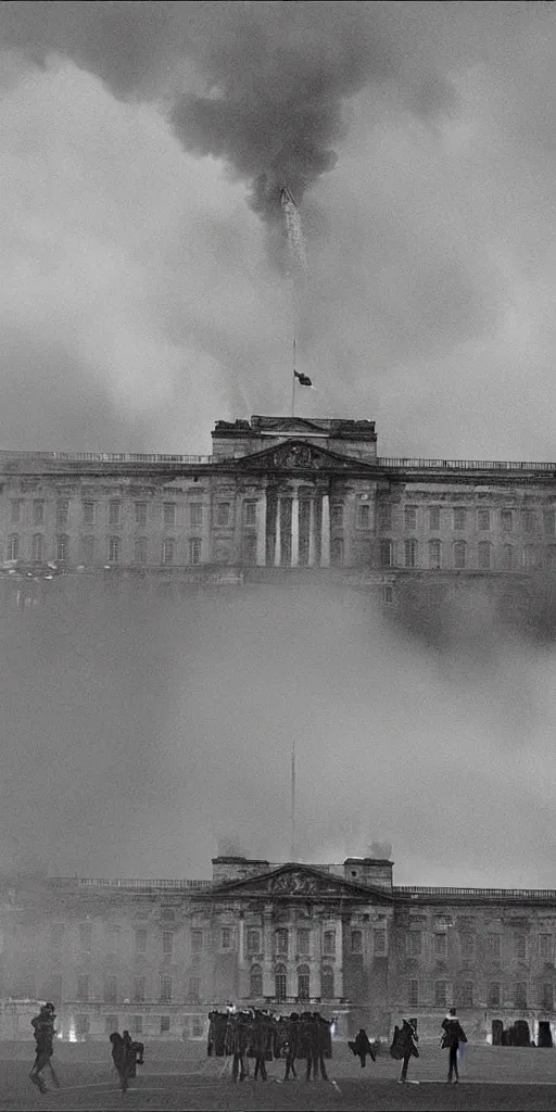 Image similar to the fall of the united kingdom, buckingham palace on fire at midnight