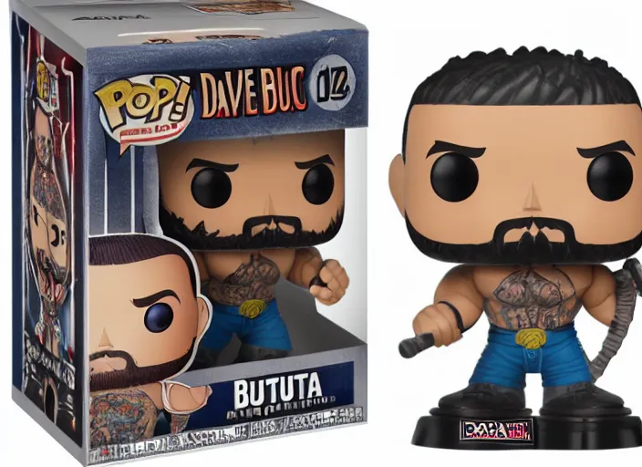 Image similar to product still of Dave Bautista funko pop with box, 85mm f1.8