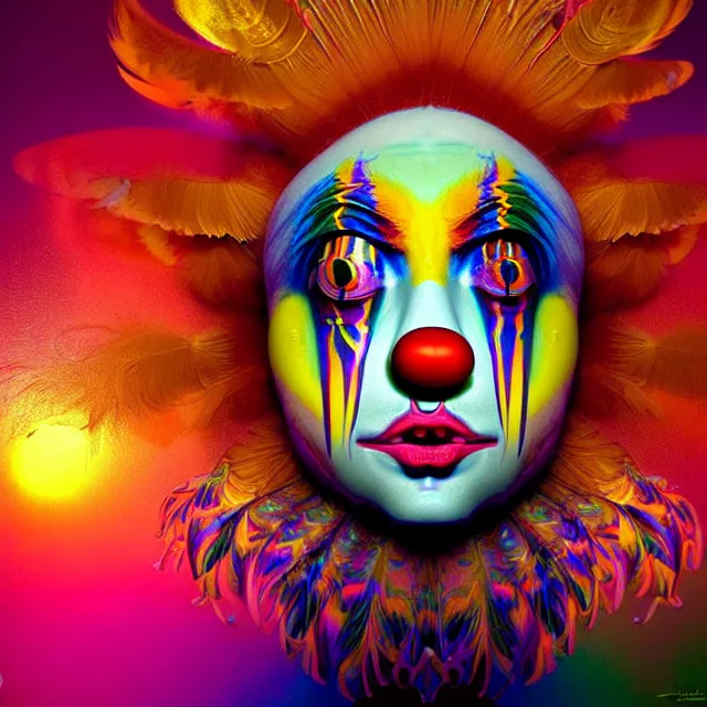 Prompt: face of clown psychedelic transcendent feather mind bending psychedelic balloons of glossy liquid honey flowing like kaleidoscopic translucent holograph, lsd feathers, feathery fluff, enlightenment, high contrast dappled lighting, refracted sunset, highly detailed, concept art, art by collier, albert aublet, krenz cushart, artem demura, alphonse mucha