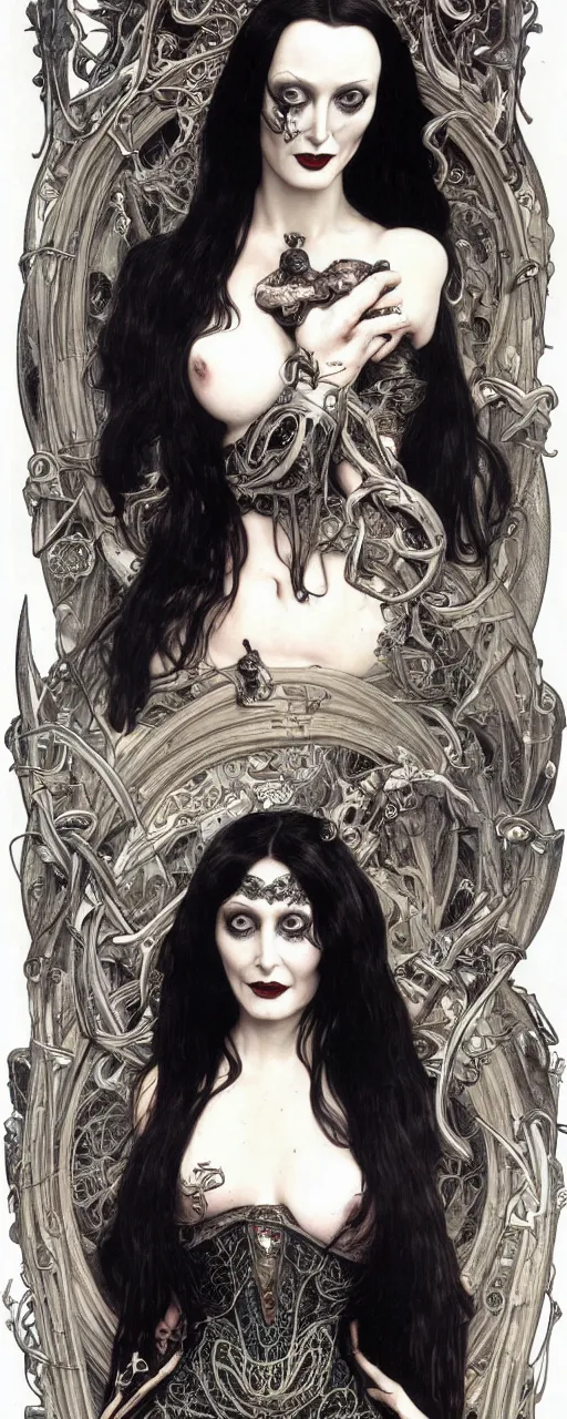 Image similar to striking sensual gorgeous grindcore art nouveau portrait of morticia addams as a goregrind death metal rebel by chris achilleos, giger, simon bisley and alphonse mucha, photorealism, extremely hyperdetailed, perfect symmetrical facial features, perfect anatomy, ornate declotage, weapons, circuitry, high technical detail, determined expression, piercing gaze