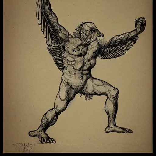 Prompt: human - eagle creature with one big beak, drawn by da vinci
