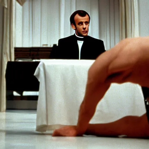 Prompt: Emmanuel Macron as a priest in American Psycho (1999)