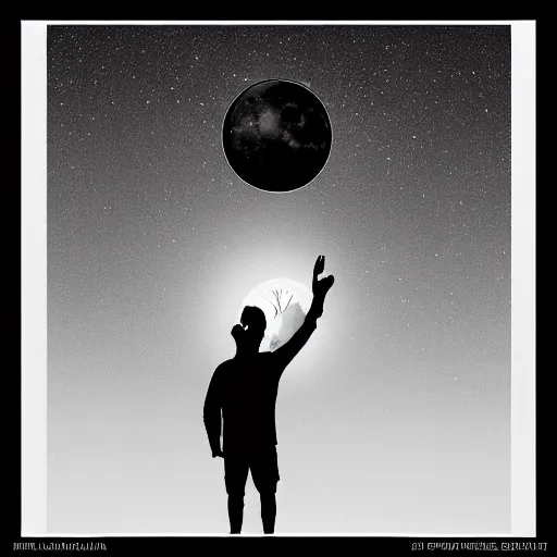 Prompt: a man holding the sun in one hand and the moon in the other, photorealism.