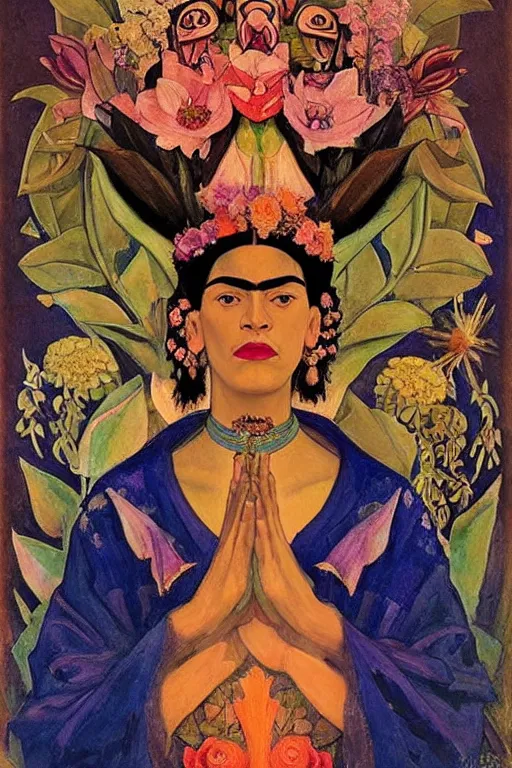 Prompt: queen of flowers, by Nicholas Roerich and Annie Swynnerton and Frida Kahlo, dramatic cinematic lighting , ornate headdress , flowing robes, sacred artifacts, lost civilizations, smooth, sharp focus, extremely detailed
