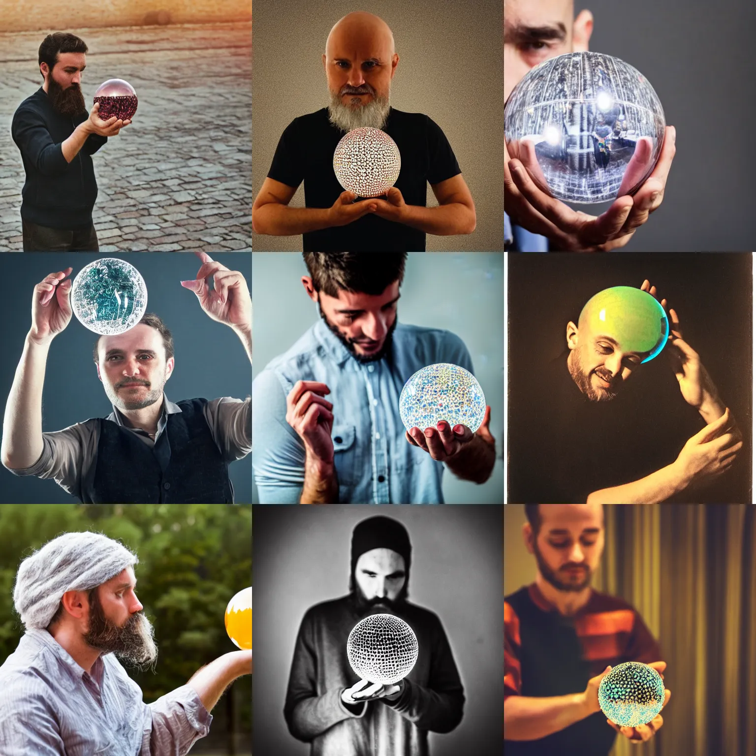 Prompt: man with a crystal ball instead of his head