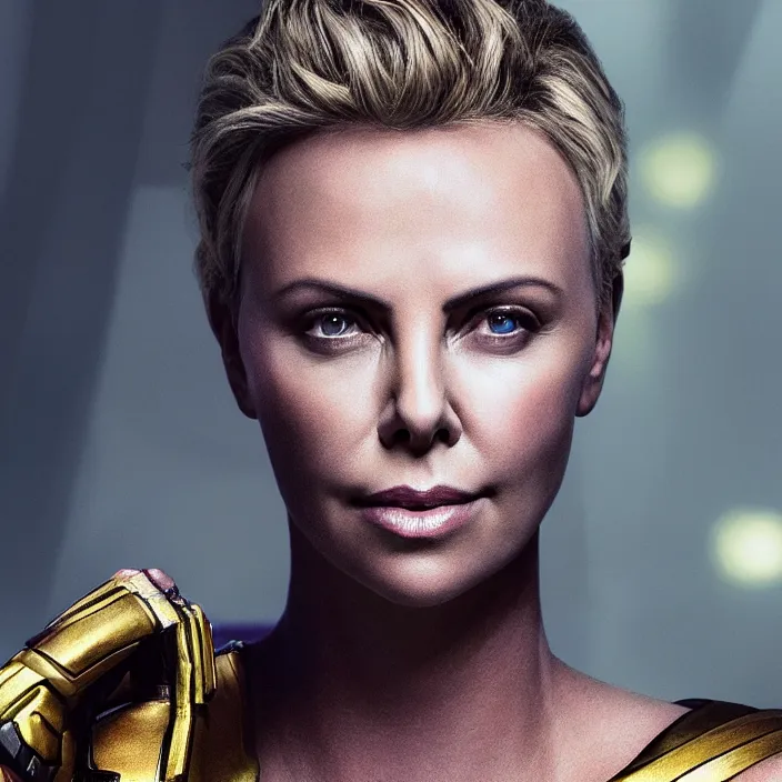 Prompt: portrait of ((Charlize Theron)), wearing The Infinity GAUNTLET. thanos, infinity gauntlet. intricate artwork. octane render, trending on artstation, very coherent symmetrical artwork. avengers. thanos. cinematic, hyper realism, high detail, octane render, 8k, iridescent accents