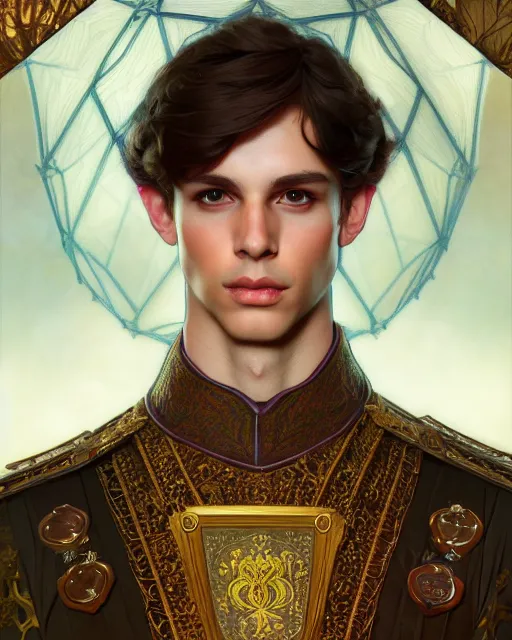 Image similar to symmetry portrait of welsh brunette prince in mans tunic, glam, fae, short hair, forest background, intricate, elegant, highly detailed, digital painting, artstation, concept art, smooth, sharp focus, illustration, art by artgerm and greg rutkowski and fra angelico and alphons mucha