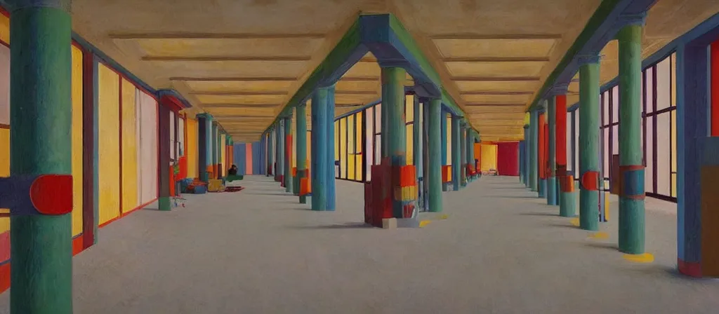 Image similar to colorful minimalist industrial interior hallway with monolithic pillars in the style of ridley scott and stanley kubrick, impossible stijl architecture, bed of flowers on floor, ultra wide angle view, realistic detailed painting by edward hopper