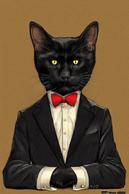 Image similar to portrait of a serious and intelligent black cat scholar in a retro suit, digital art by artgerm and greg rutkowski