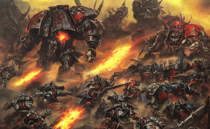 Prompt: warhammer 4 0 k emperor battling chaos gods, dramatic, scifi, epic, space battle, concept art